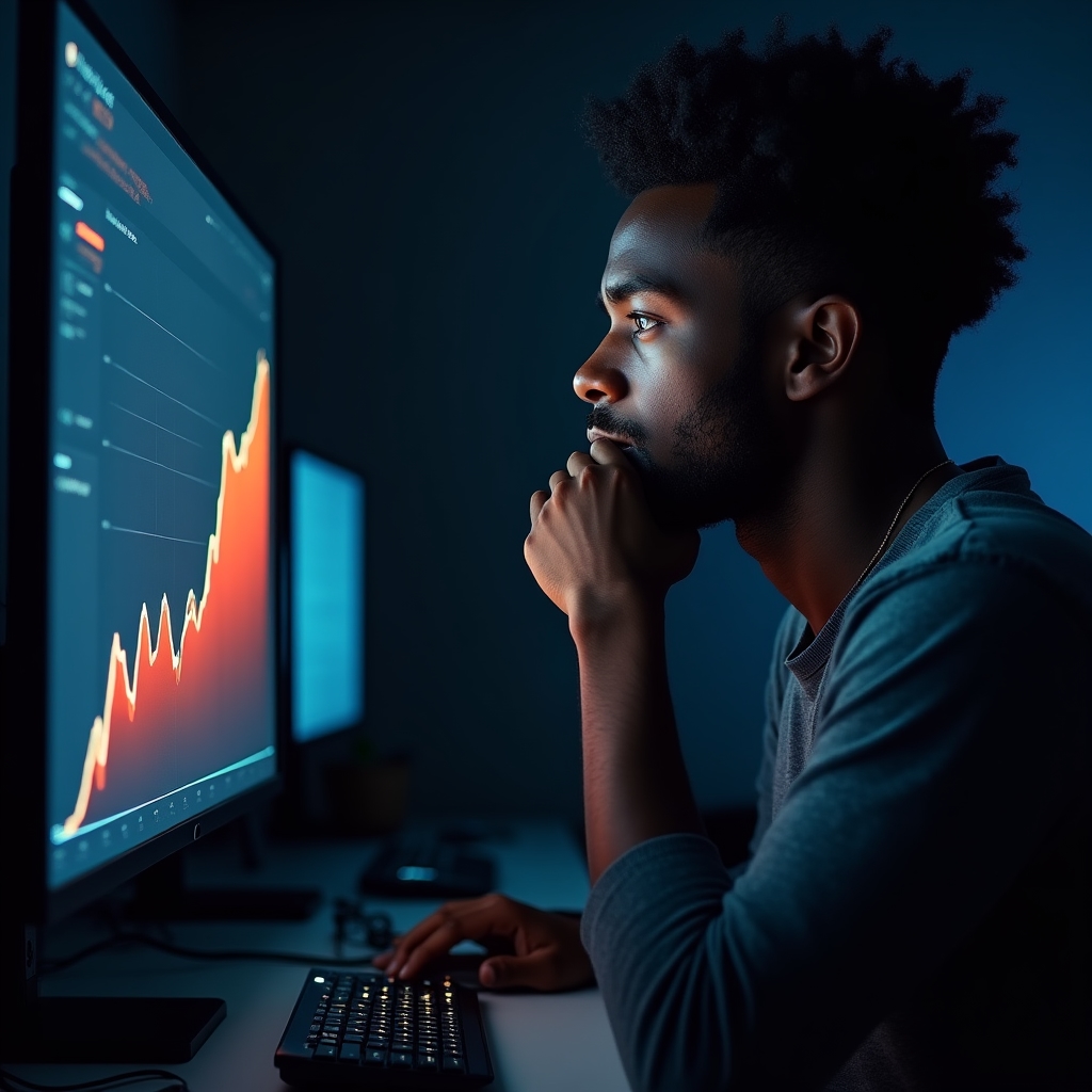Analyst examining sharp traffic decline chart on screen in focused office environment